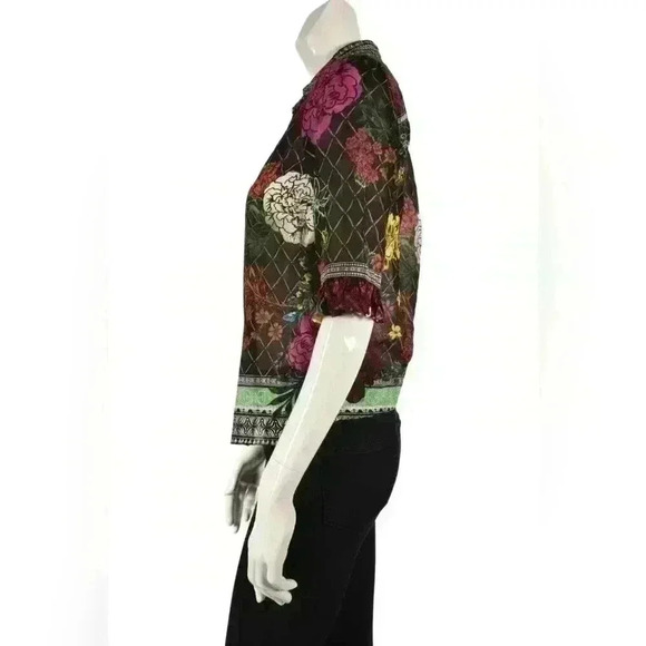 ALICE + OLIVIA Black Floral Stained Glass Window Silk Short Sleeve Blouse XS - Picture 2 of 4